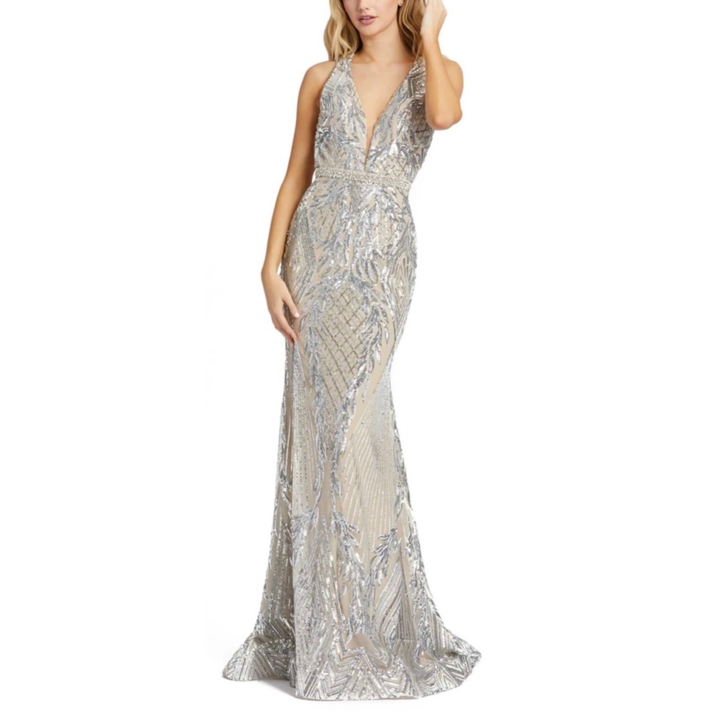 NEW Mac Duggal 67327 Sequin Beading Plunge Neck Open Back Gown